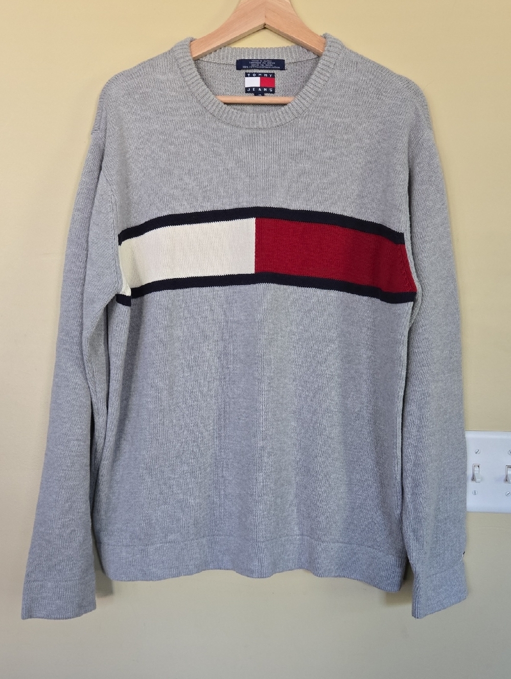 Tommy Hilfiger Light Gray Crewneck Sweater with Red, White & Navy Stripe